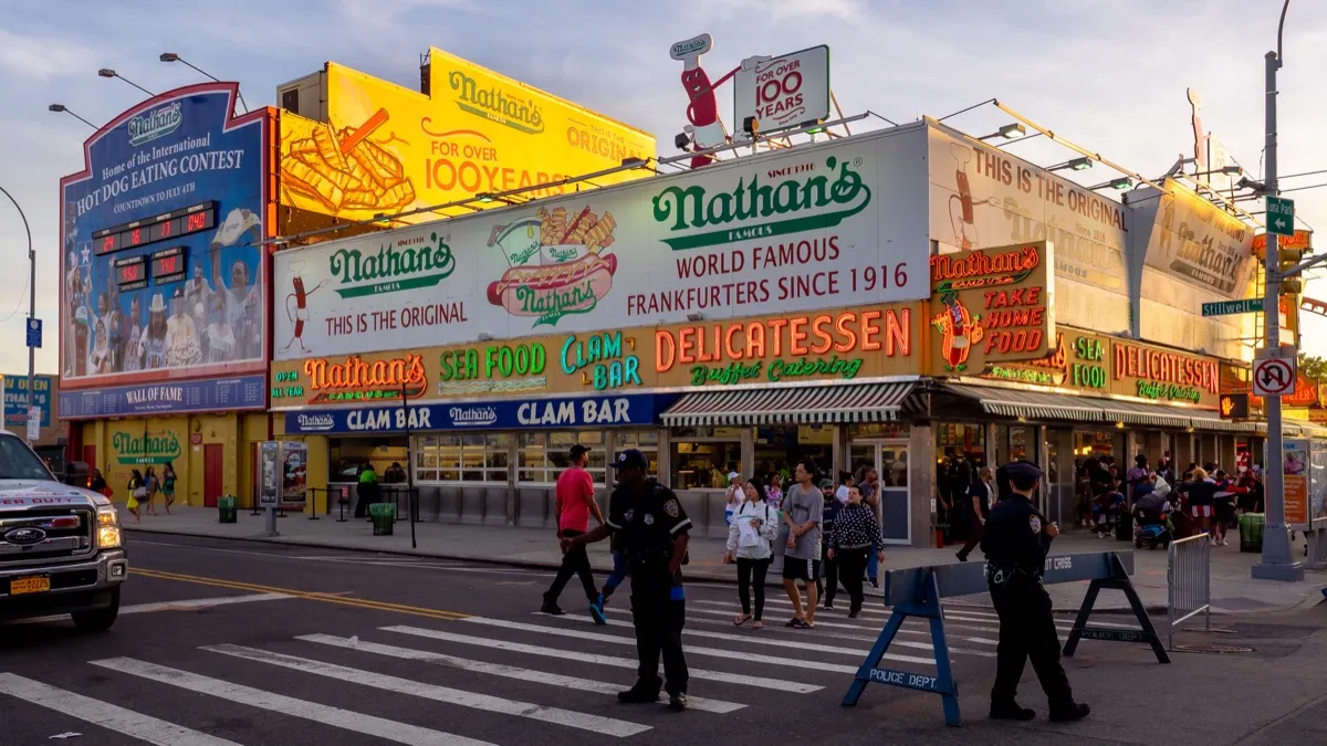 The original Nathan's Famous storefront at Surf and Stillwell, Coney Island, 2019